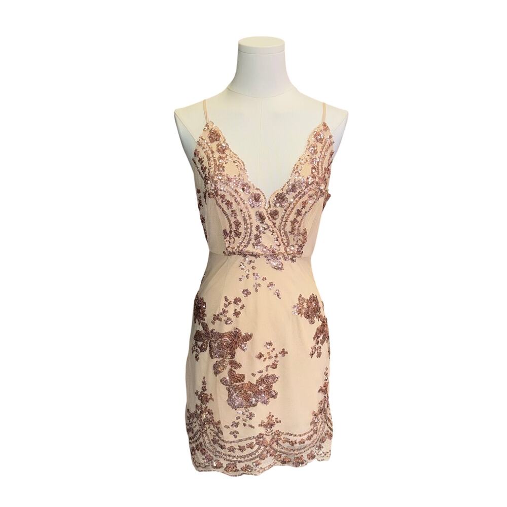 superdown Rose Gold Sequin Mesh Mini Dress Cocktail Party Nude Beige V-Neck XS